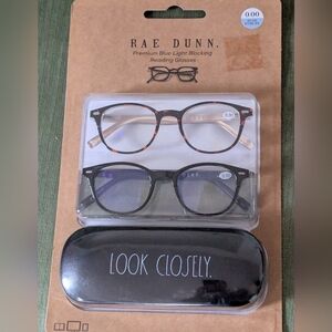 Rae Dunn Blue Light Blocking Reading Glasses 0.00 Look Closely Hard Case 2-pack